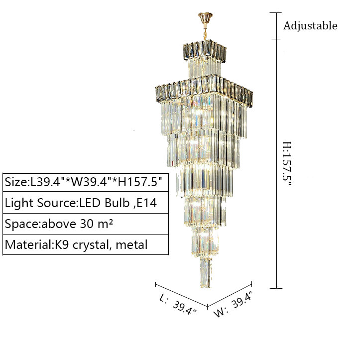 extra length 157.5'' golden liner 4m crystal chandelier for foyer staircase