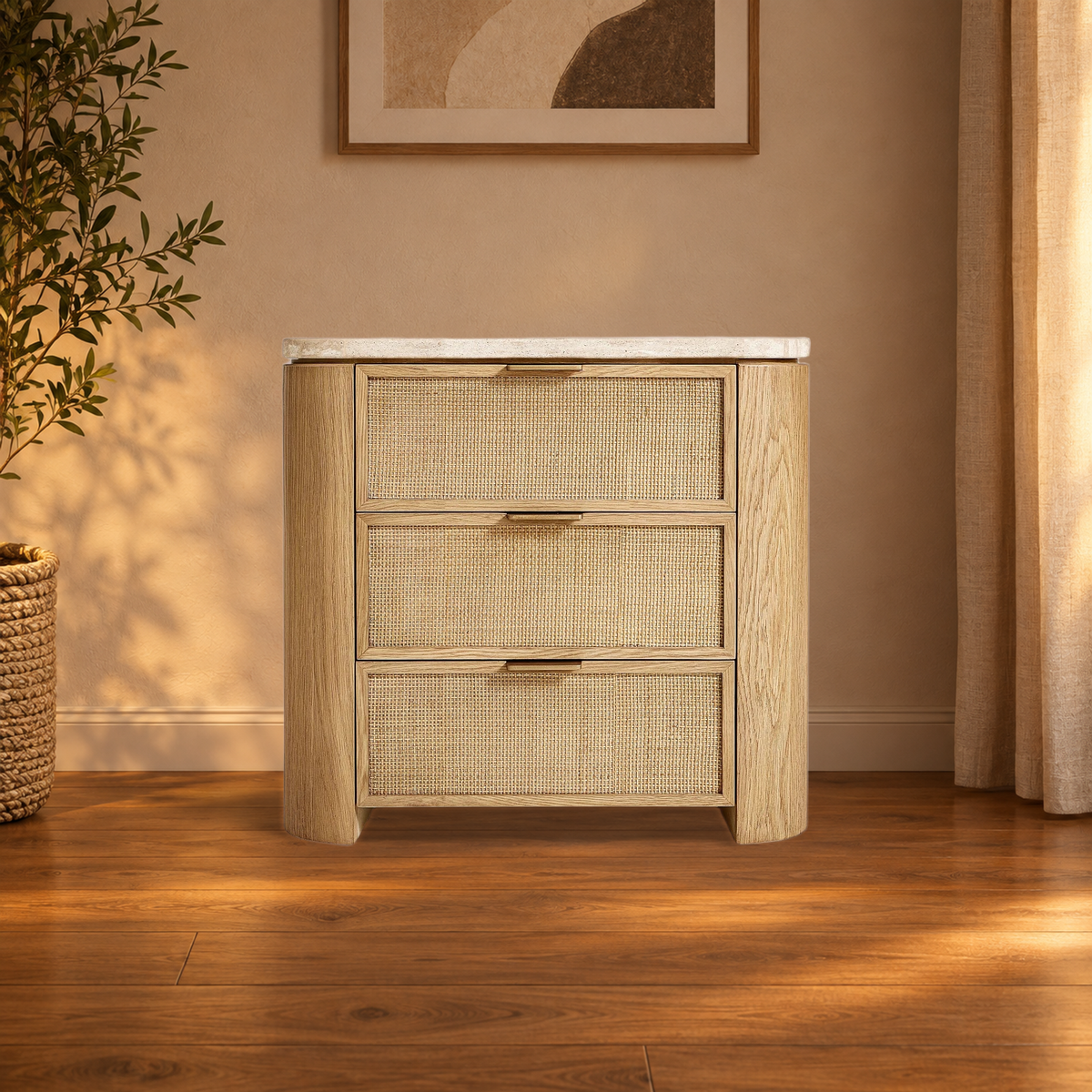 Happyarcadian Travertine Top Oak Bedside Table