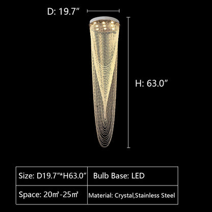 D19.7"*H63.0" chandelier,chandeliers,extra large,large,oversize,big,huge,waterfall,tassel,cone,stairs,loft,foyer,villa,silver,chrome,flush mount,ceiling,round