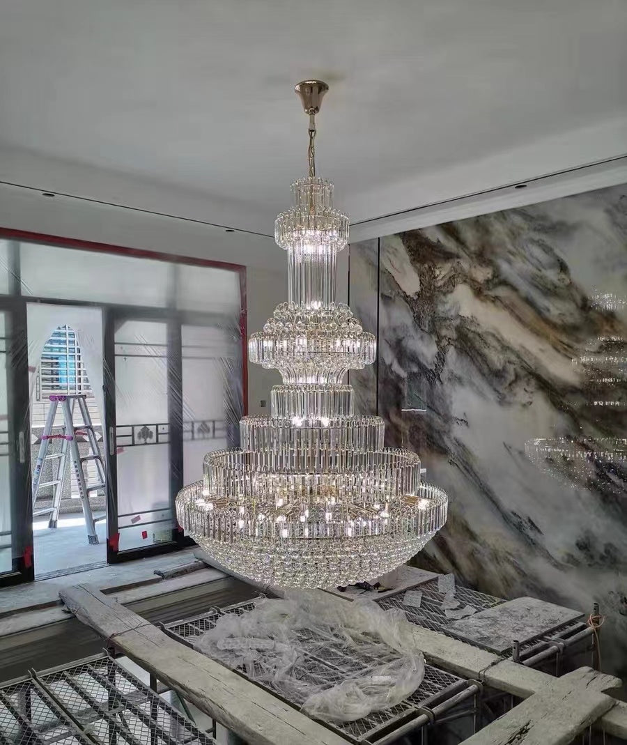 Oversized D98.4"*H137.8" Modern Gold 2 Story Foyer Extra Large Crystal Chandeliers Round Luxury Ceiling Light Fixture For Hall Entrance