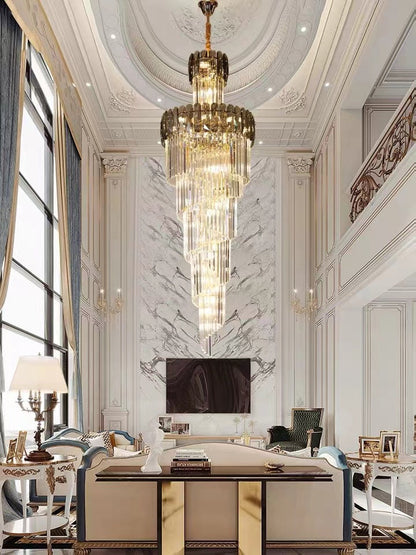 Luxury Extra Large Foyer Spiral Staircase Chandelier Long Crystal Ceiling Light Fixture