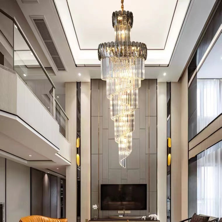 Luxury Extra Large Foyer Spiral Staircase Chandelier Long Crystal Ceiling Light Fixture