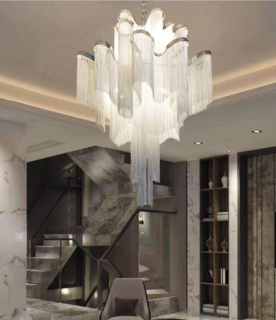 Post-Modern Extra Large Stainless Steel Long Tassel Chandelier for Large Living Room / Staircase / Villa / Duplexes