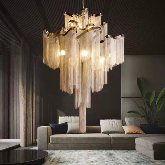 Post-Modern Extra Large Stainless Steel Long Tassel Chandelier for Large Living Room / Staircase / Villa / Duplexes