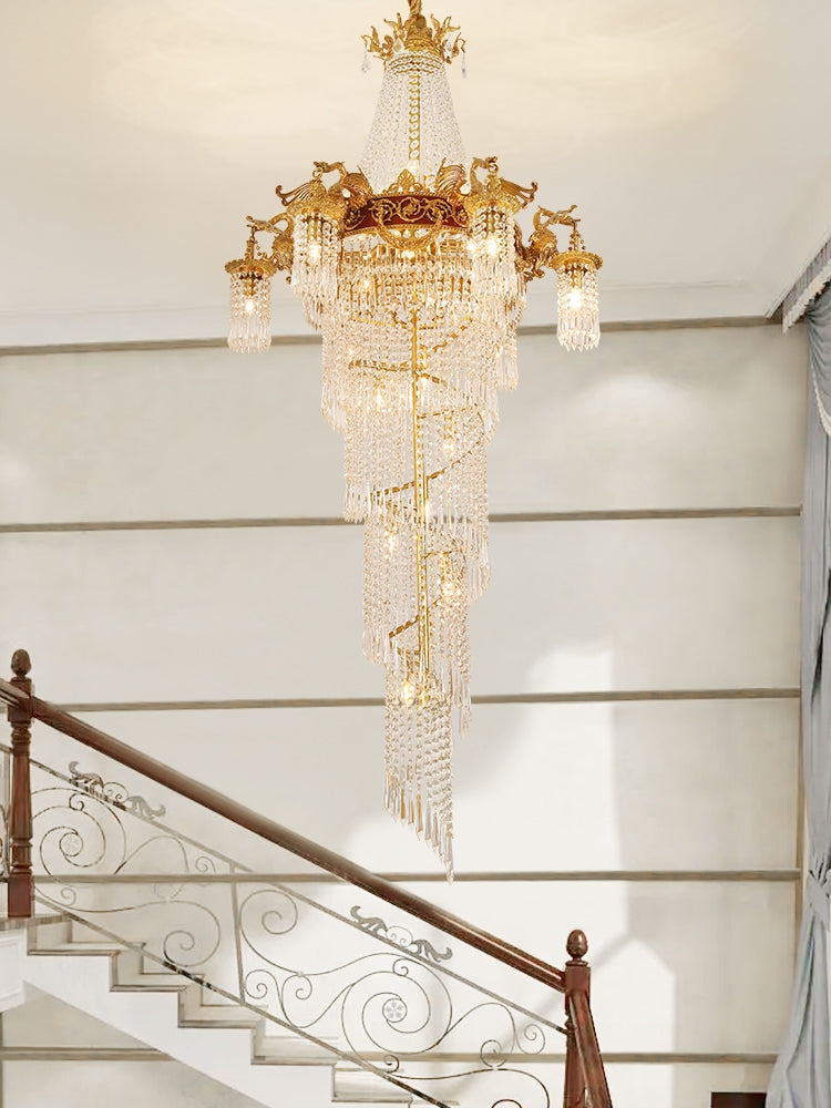 Extra Large Retro Luxury Full Copper Crystal Chandelier for Staircase/ Duplexes/ Villas