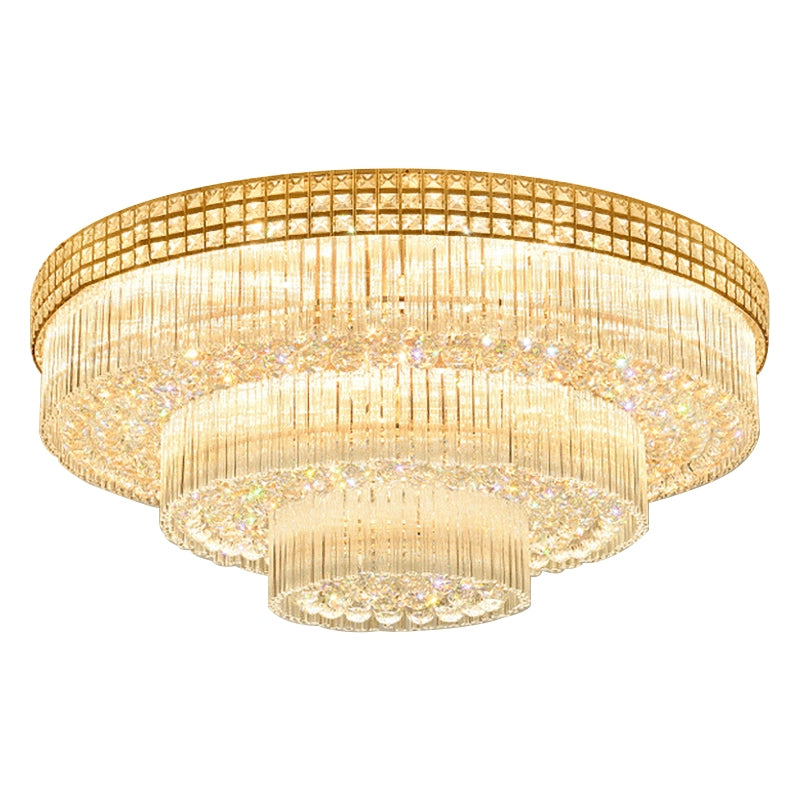 Extra Large Three Layers Round Luxury Flush Mounted Crystal Chandelier for Living Room