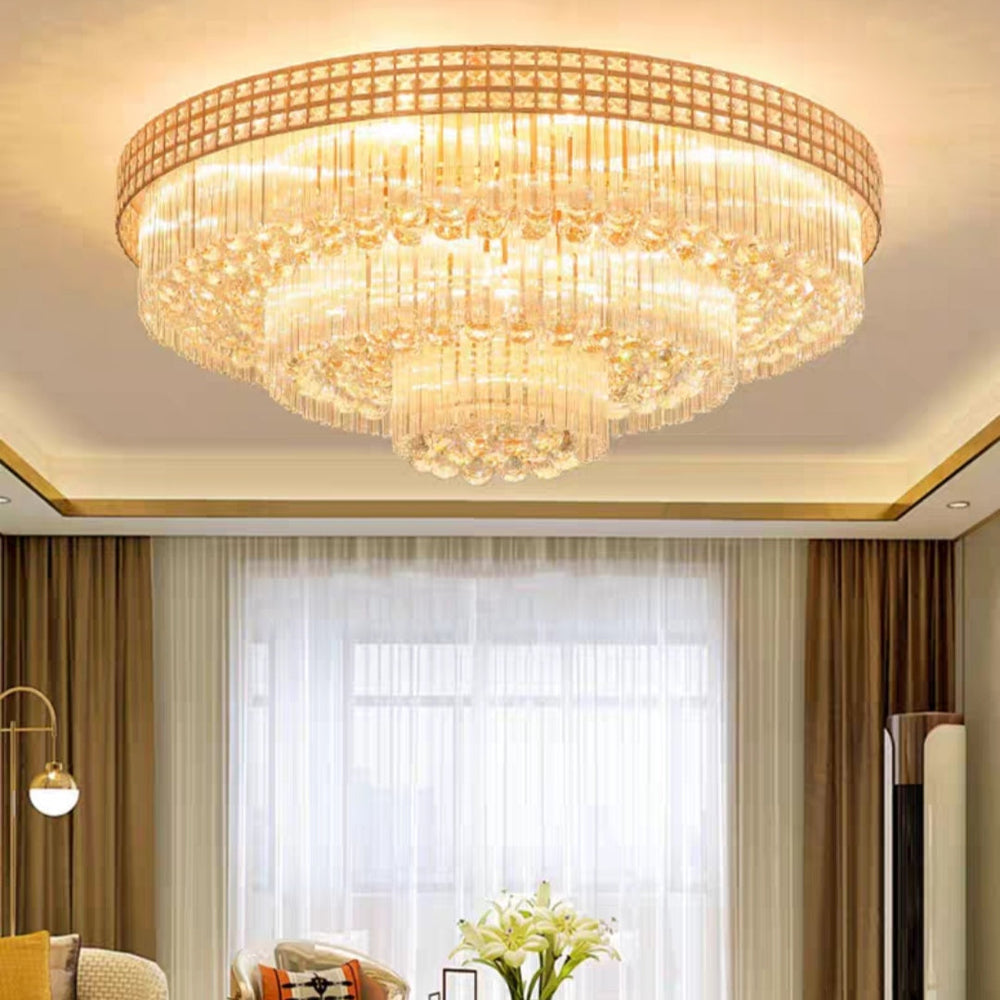 Extra Large Three Layers Round Luxury Flush Mounted Crystal Chandelier