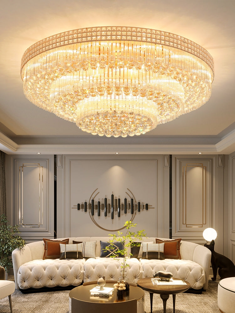 Extra Large Three Layers Round Luxury Flush Mounted Crystal Chandelier for Living Room