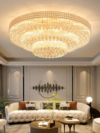 Extra Large Three Layers Round Luxury Flush Mounted Crystal Chandelier