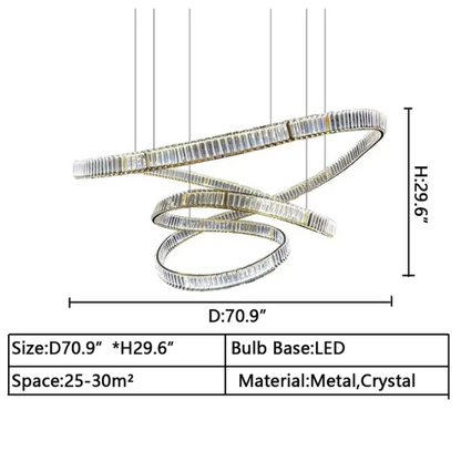 D70.9"*H29.6" Elegant Restaurant Rings Crystal Chandelier Foyer Living Room Ceiling Pendant Light Fixture
