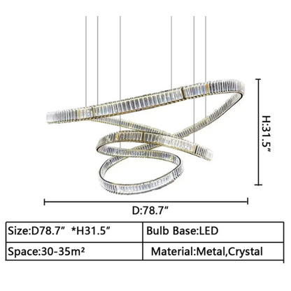 D78.7"*H31.5" Elegant Restaurant Rings Crystal Chandelier Foyer Living Room Ceiling Pendant Light Fixture