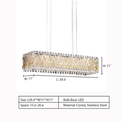 L39.4"*W11.0"*H11.0" chandelier,chandeliers,crystal,leaves,leaf,rectangle,gold,chrome,living room,dining room,kitchen island,.dining bar