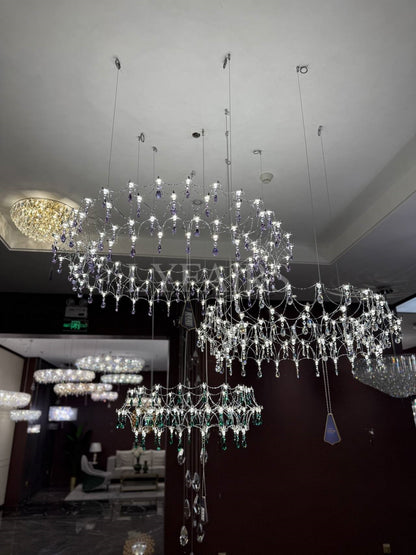 Shimmering Dreamcatcher Crystal Chandelier with Cascading Colorful Firefly-like Crystals