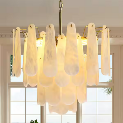 21.6 in. 6-Light Modern Round Alabaster Kitchen Island Chandelier, 4-Tier Luxury Large White Chandelier for Bedroom