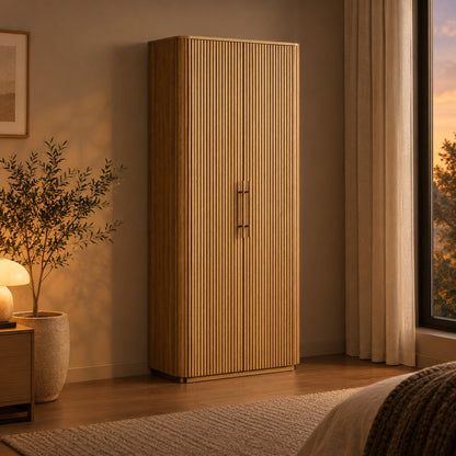 Tall Reeded Oak Storage Cabinet with Doors
