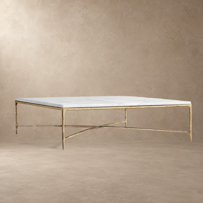 Happyarcadian Square Hammered Metal and Marble Coffee Table
