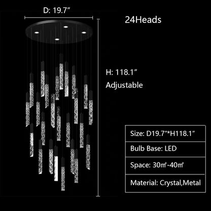 24Heads: D19.7"*H118.1" chandeleir,chandeliers,extra large,large,huge,big,oversize,rob,rectangle,round,crystal,metal,stairs,villa,loft