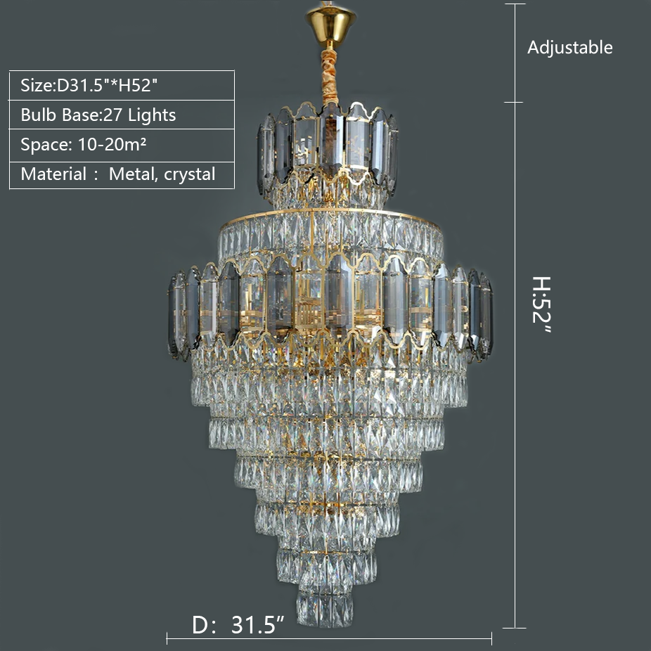 Large Staircase Crystal Chandelier Living Room Ceiling Light Fixture For Hotel Entrance In Gold Finish