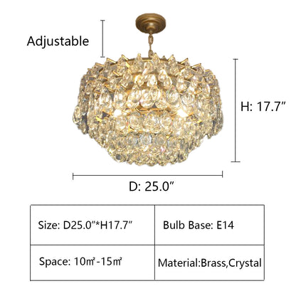 D25.0"*H17.7" crystal,chandelier,chandeliers,brass,metal,gold,chrome,silver,raindrop,kitchen island,layers,multi-tier