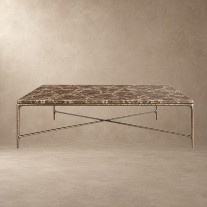 Happyarcadian Square Hammered Metal and Marble Coffee Table