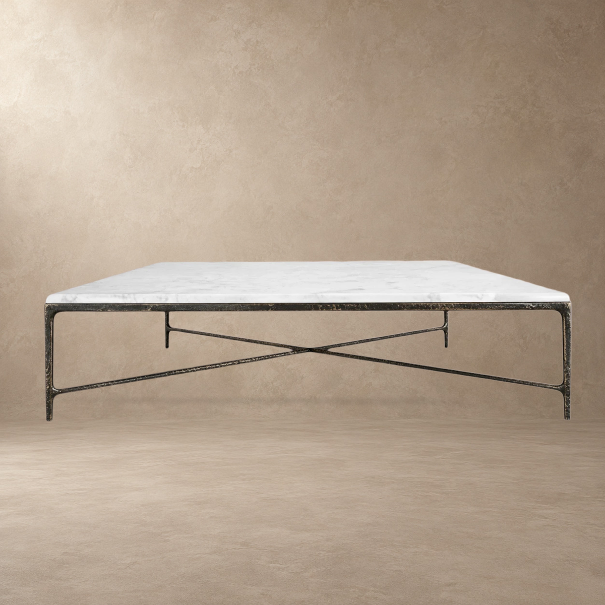 Happyarcadian Square Hammered Metal and Marble Coffee Table