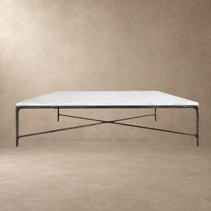 Happyarcadian Square Hammered Metal and Marble Coffee Table