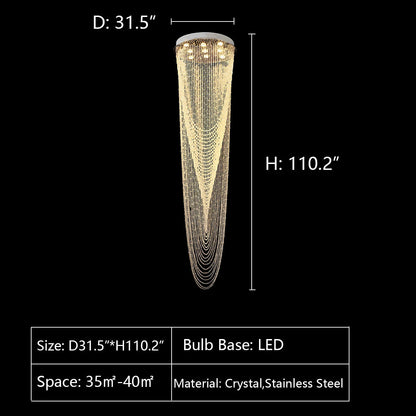 D31.5"*H110.2" chandelier,chandeliers,extra large,large,oversize,big,huge,waterfall,tassel,cone,stairs,loft,foyer,villa,silver,chrome,flush mount,ceiling,round