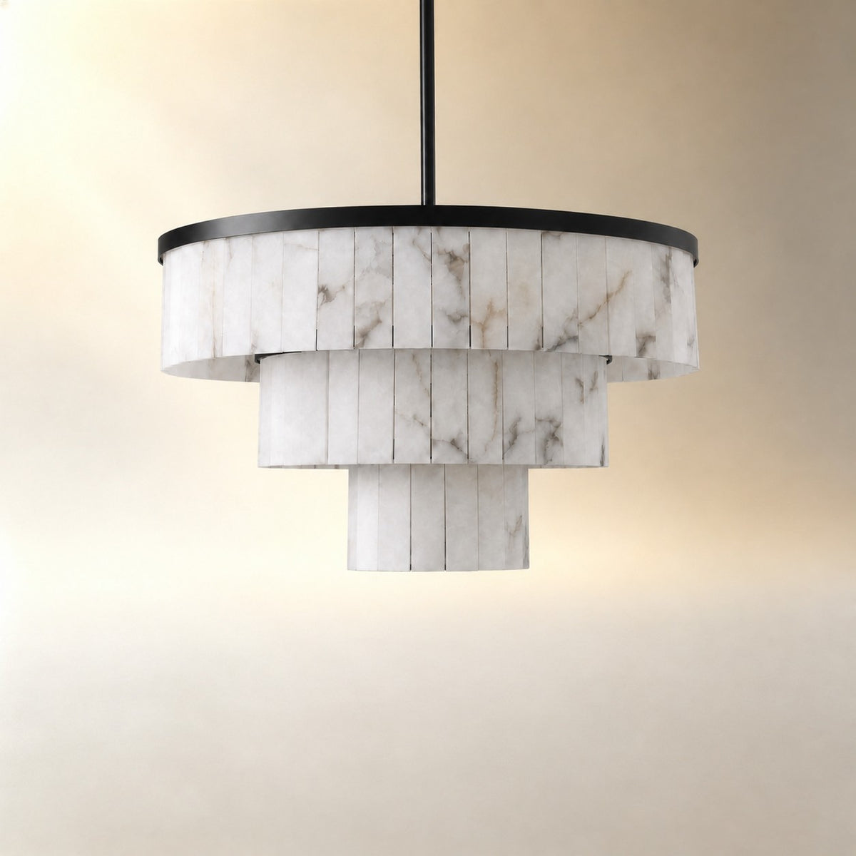 34.3" 3-Tier Alabaster Round Chandelier - Black