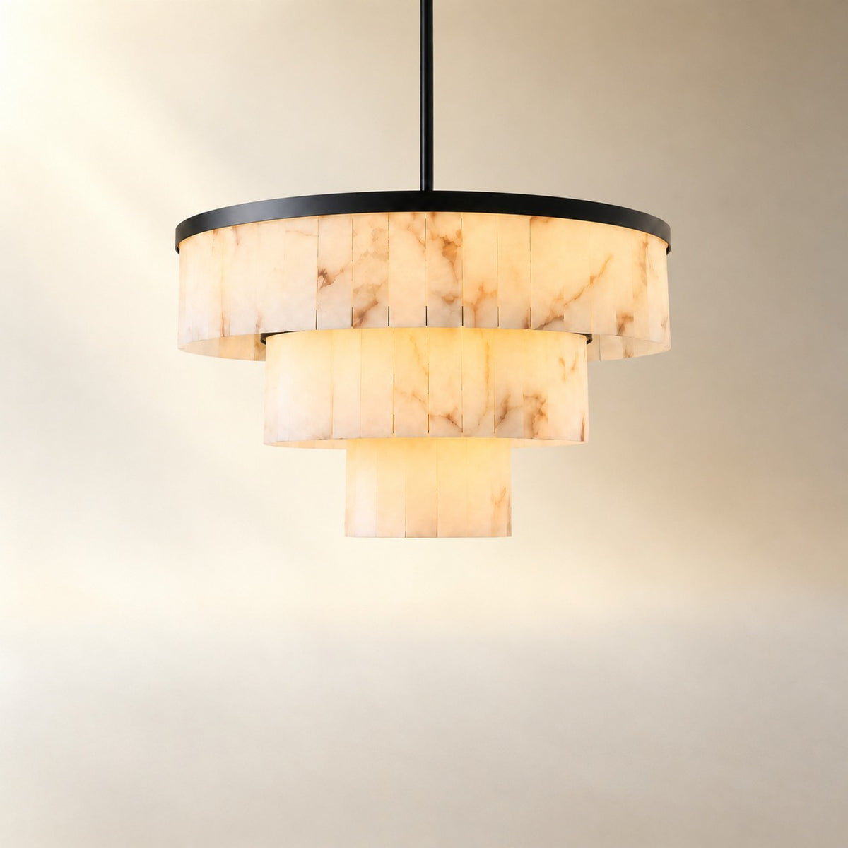 34.3" 3-Tier Alabaster Round Chandelier - Black