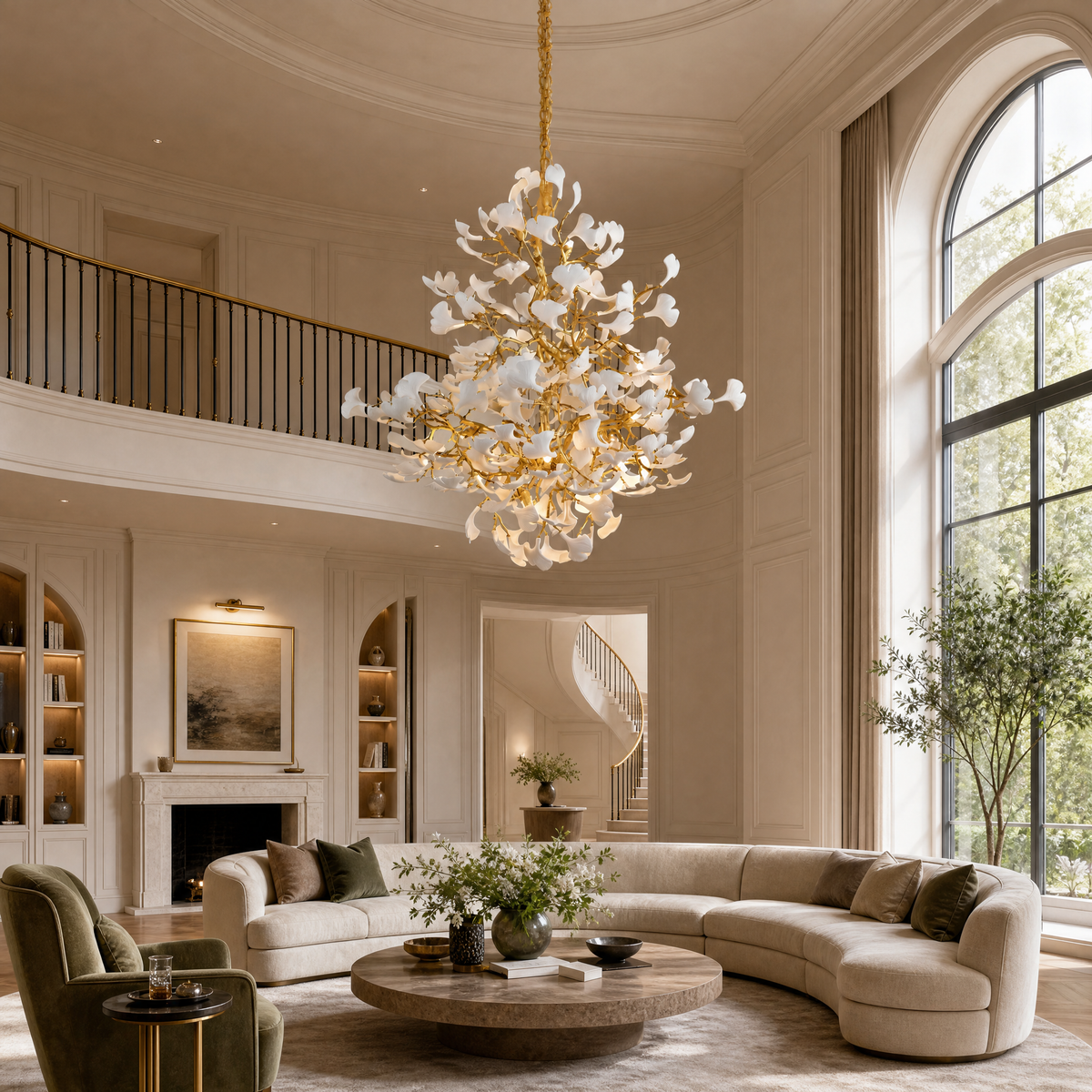 Moon Ring Ceramic Ginkgo Leaf Staircase Chandelier D1200 - Gold