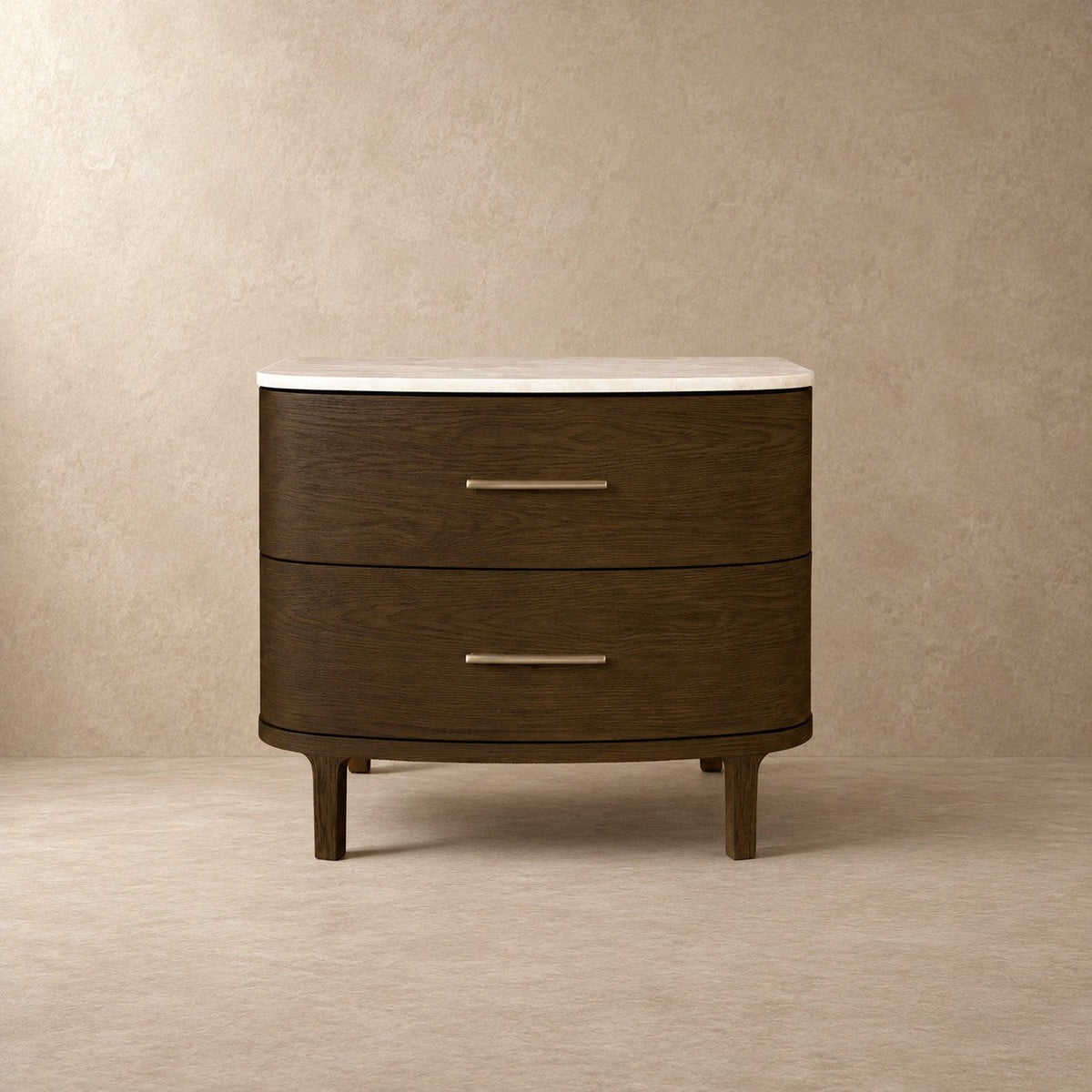 Two-Drawer Marble Top Bedside Table With Brass Pulls