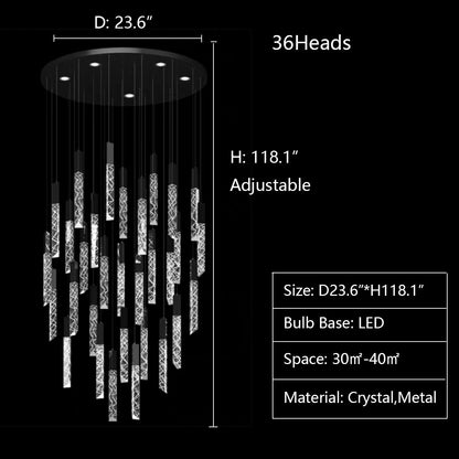 36Heads: D23.6"*H118.1" chandeleir,chandeliers,extra large,large,huge,big,oversize,rob,rectangle,round,crystal,metal,stairs,villa,loft