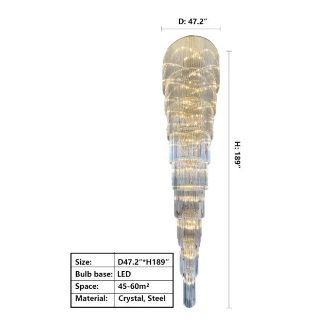 D47.2"*H189" Extra Large Multi-layers Long Golden Crystal Chandelier for 2-Storey/Duplex Buildings/Dining Room/Staircase