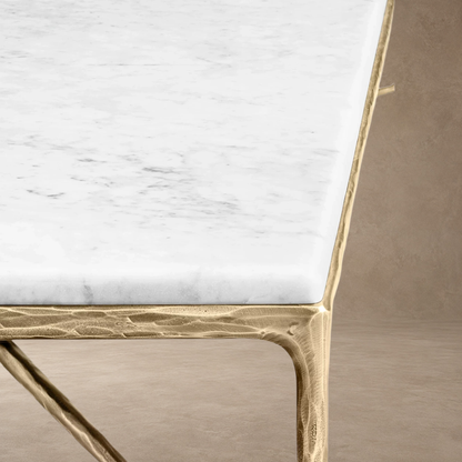 Happyarcadian Square Hammered Metal and Marble Coffee Table