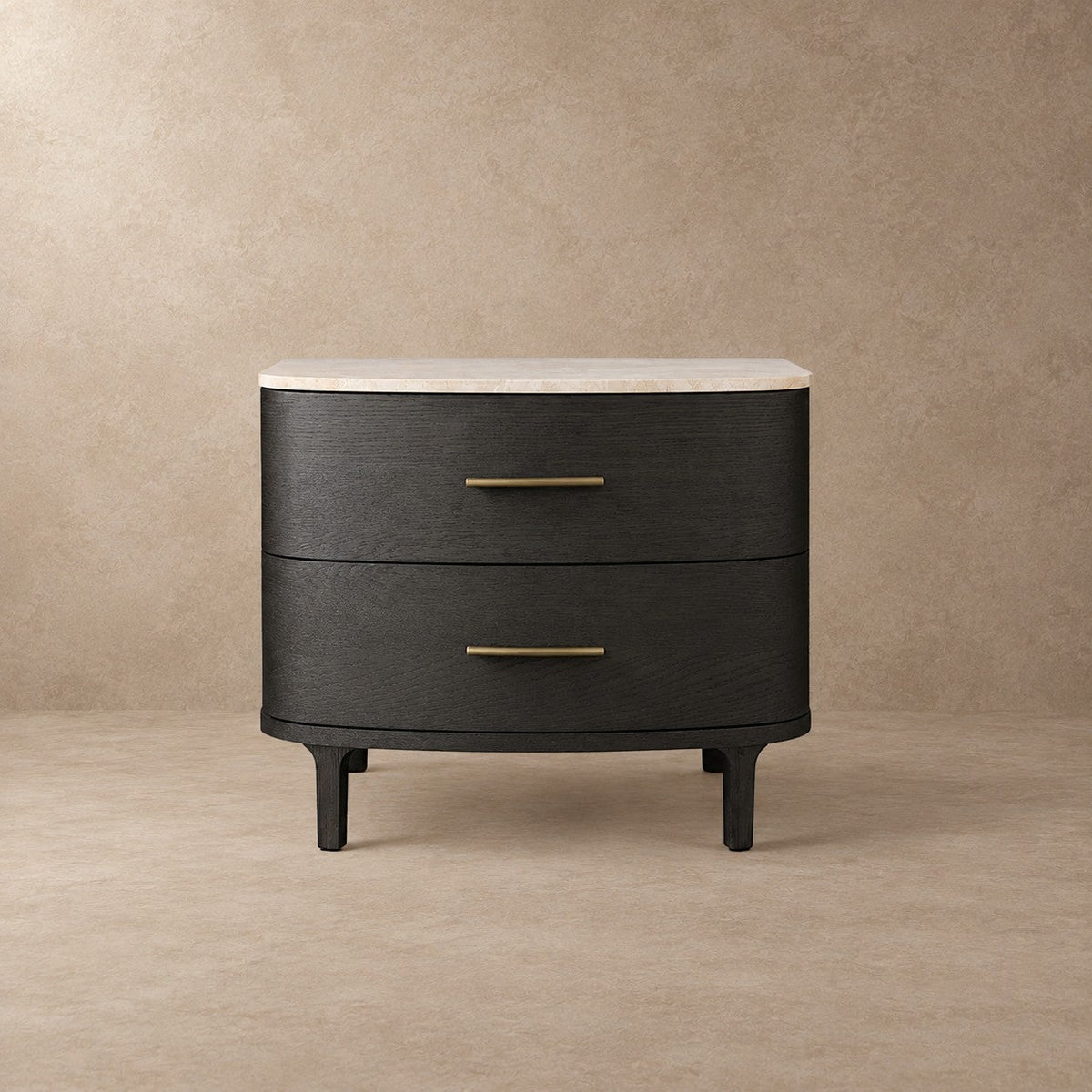 Two-Drawer Marble Top Bedside Table With Brass Pulls