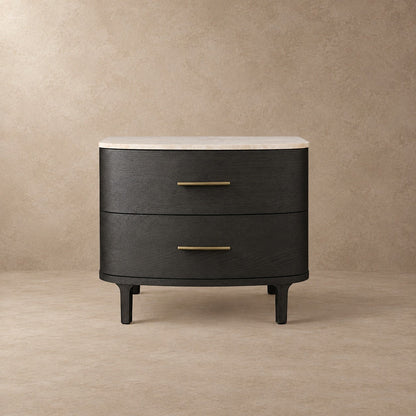 Two-Drawer Marble Top Bedside Table With Brass Pulls