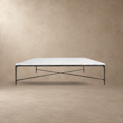 Happyarcadian Square Hammered Metal and Marble Coffee Table