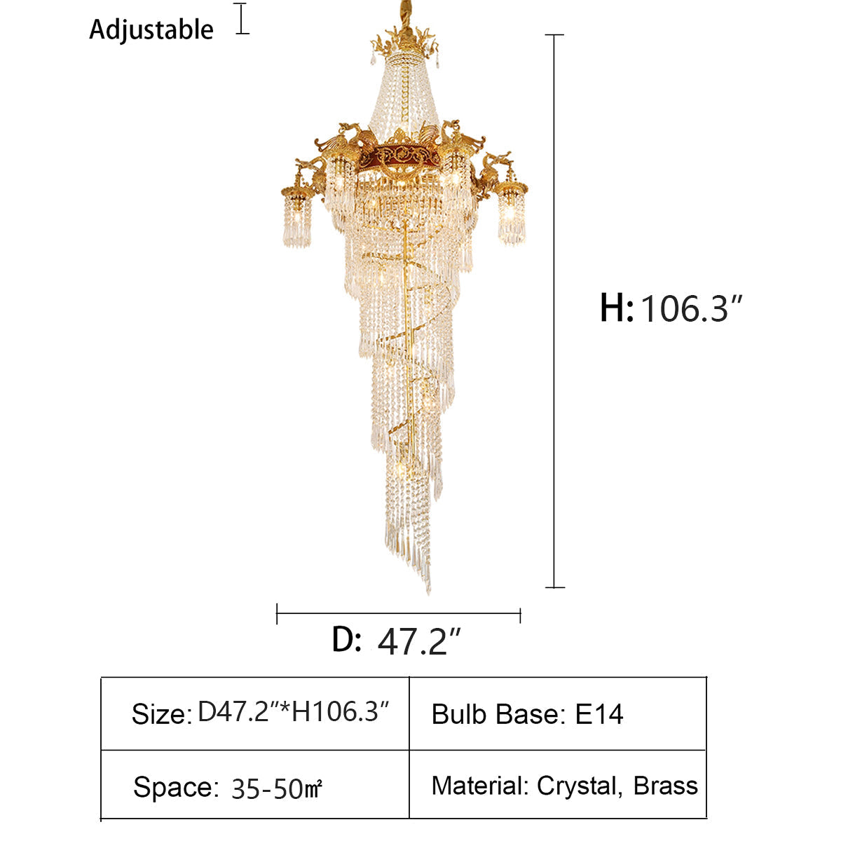 Extra Large Retro Luxury Full Copper Crystal Chandelier for Staircase/ Duplexes/ Villas