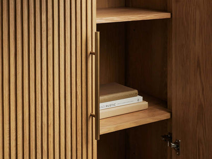 Tall Reeded Oak Storage Cabinet with Doors