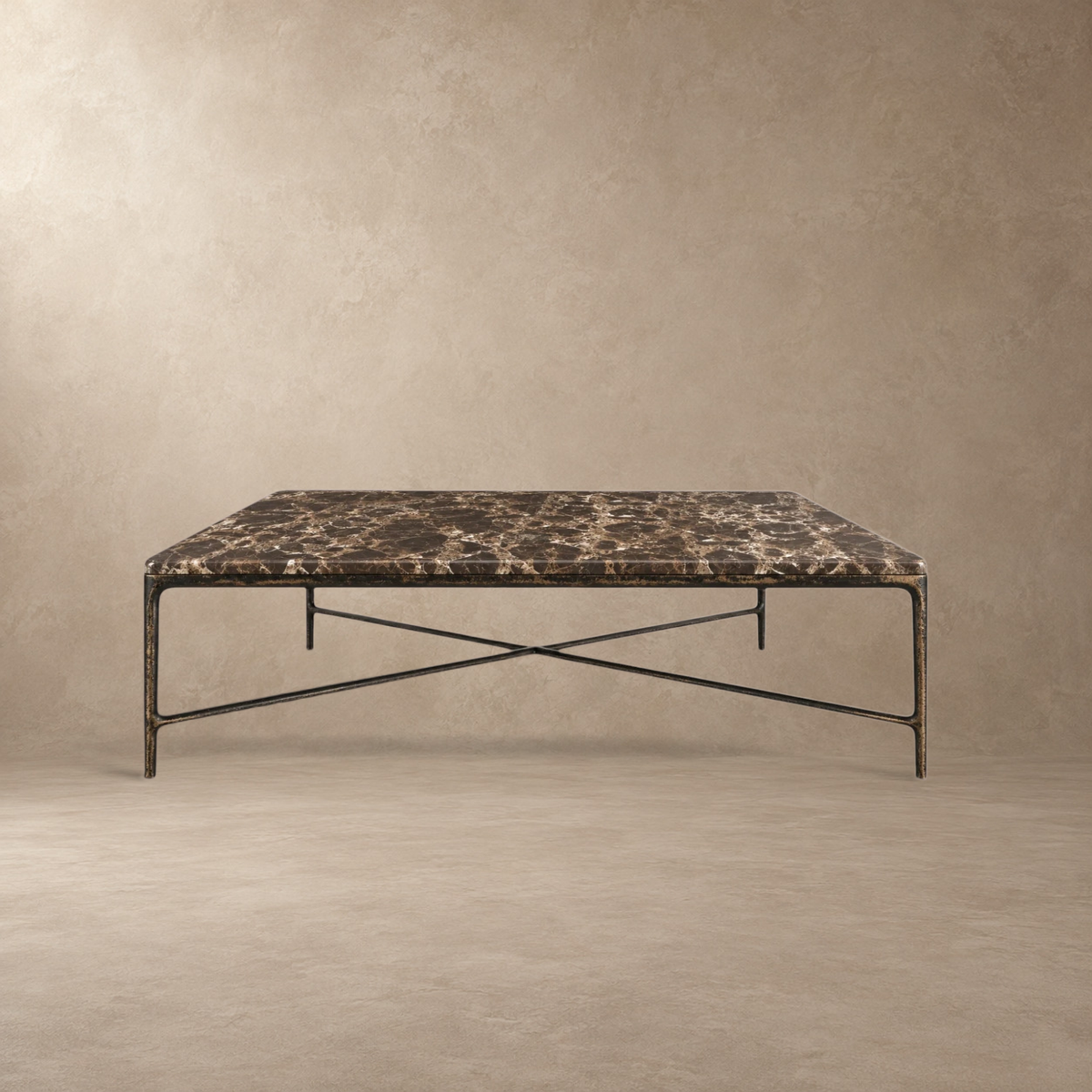 Happyarcadian Square Hammered Metal and Marble Coffee Table