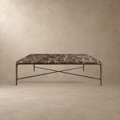 Happyarcadian Square Hammered Metal and Marble Coffee Table
