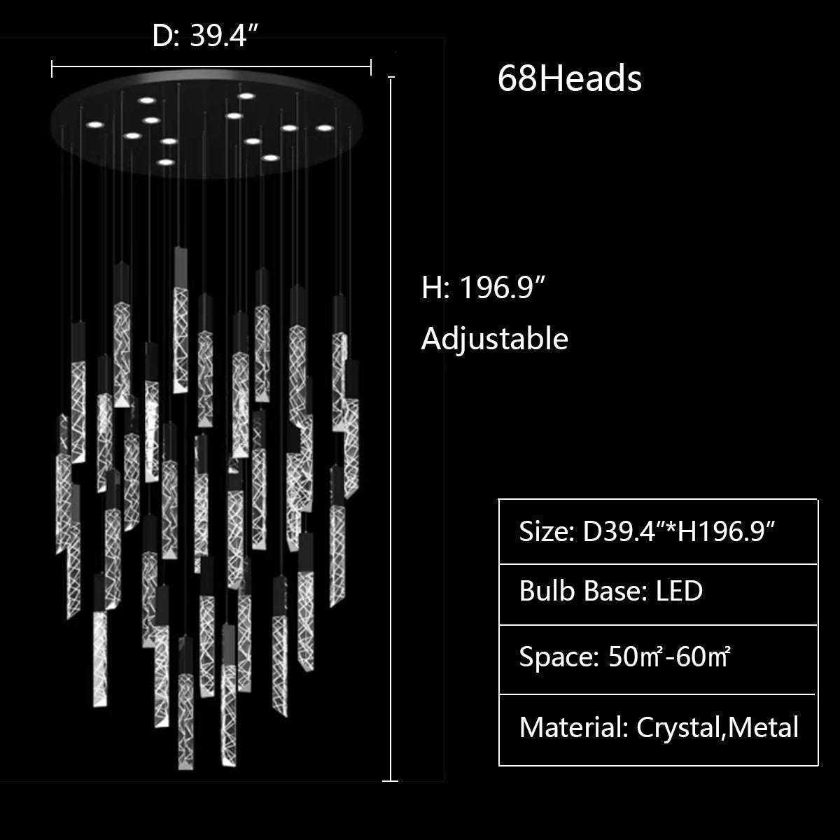 68Heads: D39.4"*H196.9" chandeleir,chandeliers,extra large,large,huge,big,oversize,rob,rectangle,round,crystal,metal,stairs,villa,loft