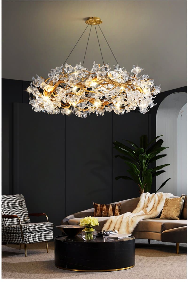 Branch Petal Crystal Brass Round Chandelier