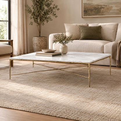 Happyarcadian Square Hammered Metal and Marble Coffee Table