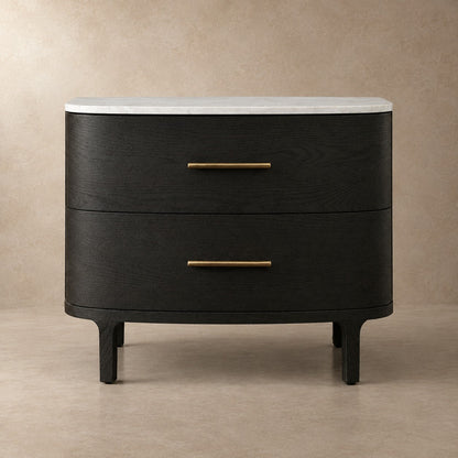 Two-Drawer Marble Top Bedside Table With Brass Pulls