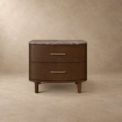 Two-Drawer Marble Top Bedside Table With Brass Pulls