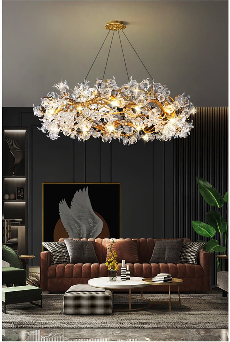 Branch Petal Crystal Brass Round Chandelier