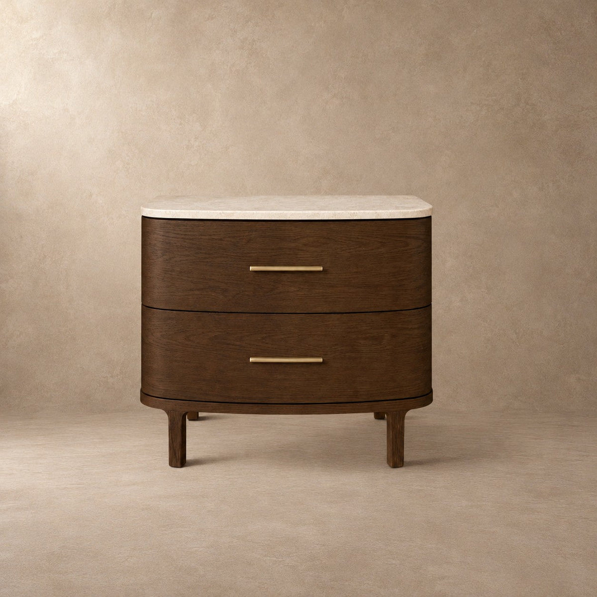 Two-Drawer Marble Top Bedside Table With Brass Pulls