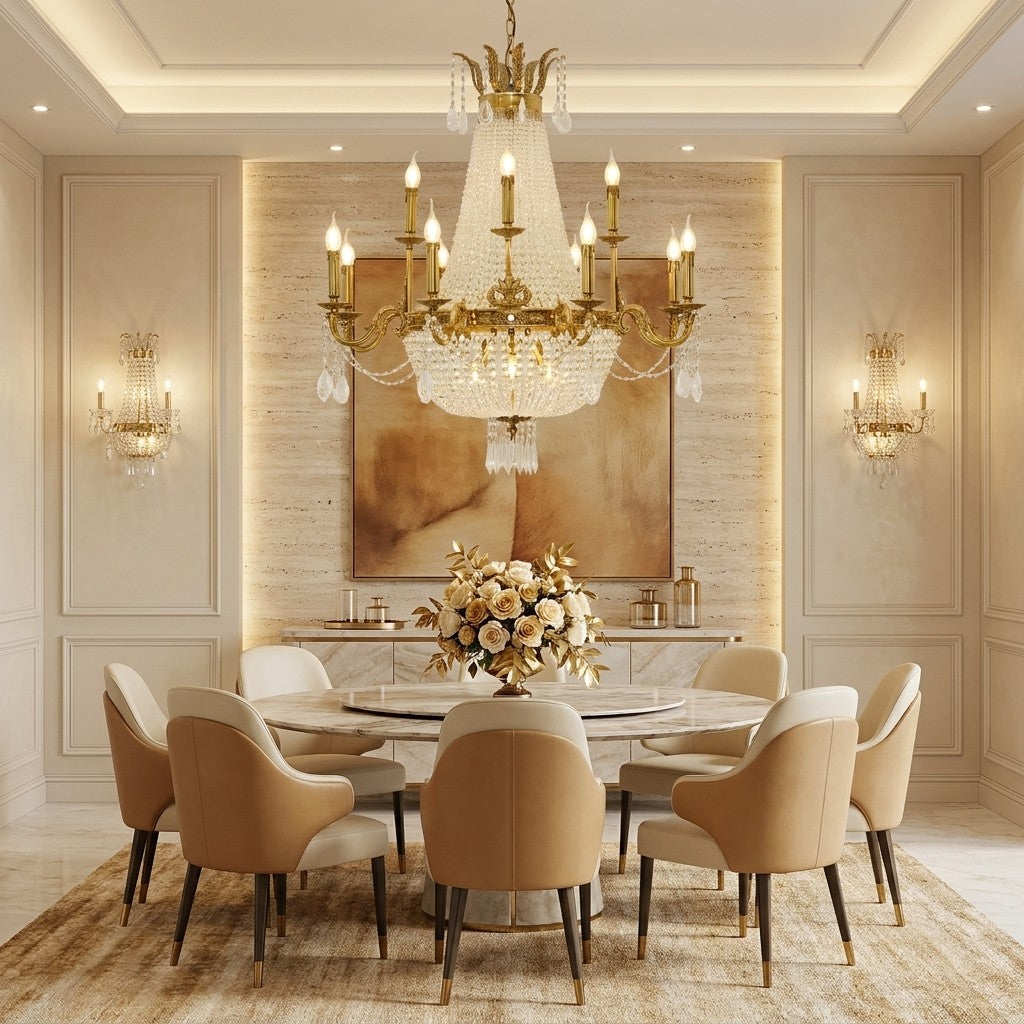 8/12/15 Lights Decorative Empire Brass Candles Crystal Chandelier Romantic Foyer Living Room Ceiling Light Fixture in Pure Copper Finish