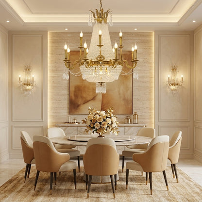 8/12/15 Lights Decorative Empire Brass Candles Crystal Chandelier Romantic Foyer Living Room Ceiling Light Fixture in Pure Copper Finish